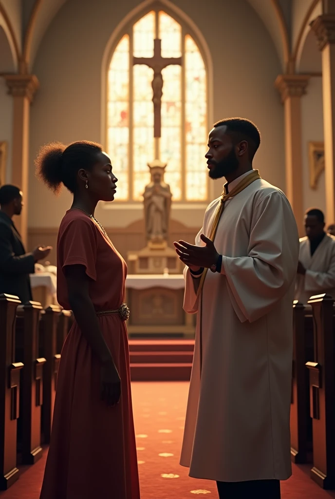 An African catholic priest offering sacrament to a lady in skirt church