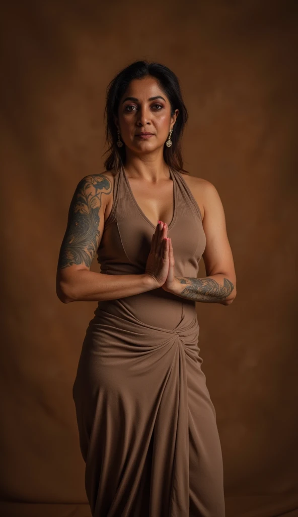 A photo of a mature Indian woman doing yoga, toned body, aged 45, brunette hair,(face portrait:1.5), full body shot, top quality editorial photograph, skin texture, skin pores, fair milky skin, high quality skin, top quality photography, professional photography, professional retouching, insane detailing, warm moody tones, highly detailed stubble armpits, skin pores, visible veins, skin texture, freckles 0.2,toned body, big boobs, deep navel, toned belly, tattoos in arm,detailed stubble armpits, insanely detailed skin texture,rough mature skin, visible pores, fine lines, deep navel, 