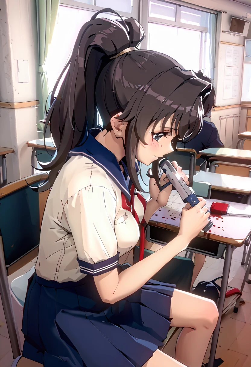 masterpiece, best quality,1girl, round breasts, a blouse with a sailor-style collar, featuring a large collar flap, paired with a black pleated skirt, short skirt, the blouse has a red ribbon tied at the front that loops through a collar attachment, with the most common colors being navy blue, long black hair, Ayano Aishi, grey eyes, long black hair, high ponytail, holding up a bloody knife, blood on the side of her cheek, smiling, Japanese School Classroom, blushing, sitting at a desk