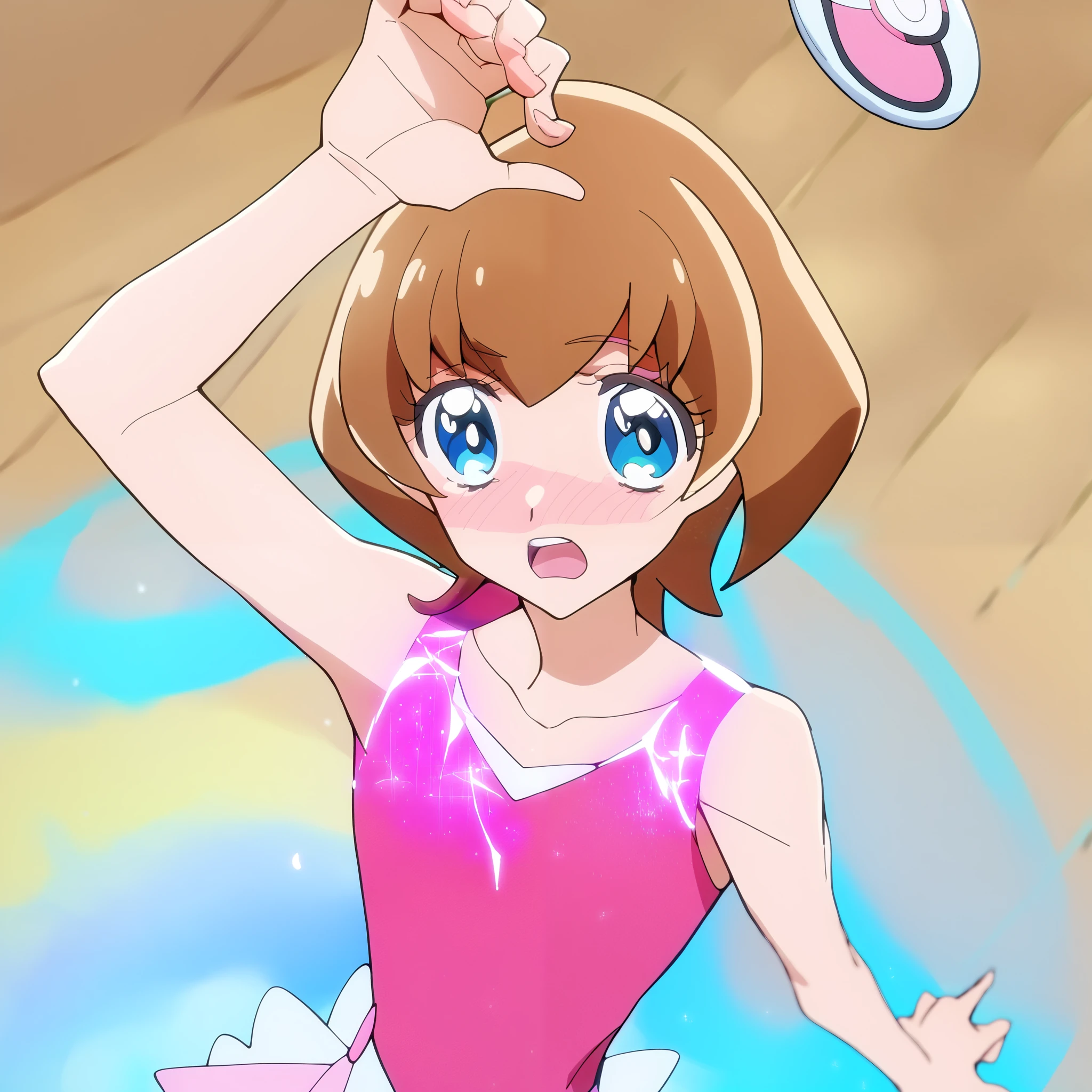 score_9,score_8_above,score_7_above,score_6_above,score_5_above,score_4_above, Wonderful Precure, 1 , Alone, shiny body,  Open mouth, he can/(pokemon/), Sides,  brown hair,  Blue Eyes,  holding, arm above, axila blush 