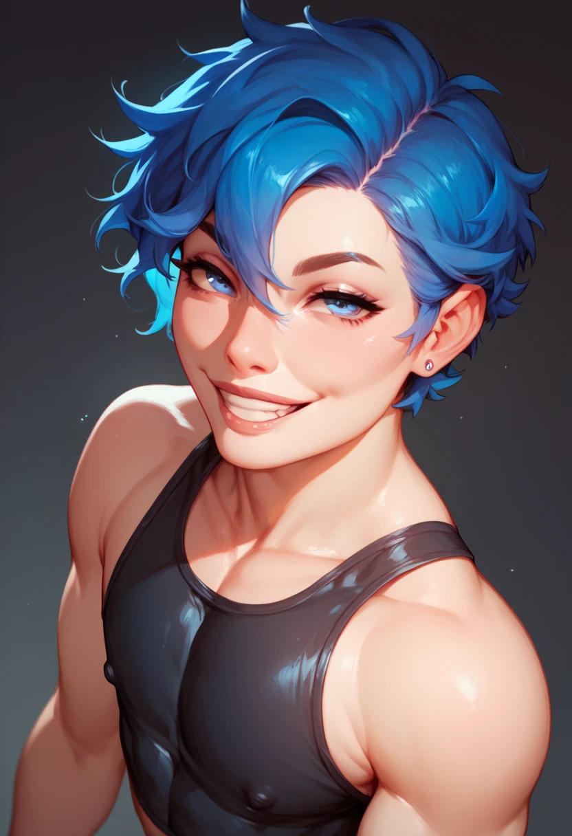  Handsome -yeld boffeminate
Blue eyes
Short messy blue hair with black gradient, wearing tight blue women's clothing ,  thin and delicate body ,  looking at the spectator , submissive gaze, femboy, femboy, slight smile