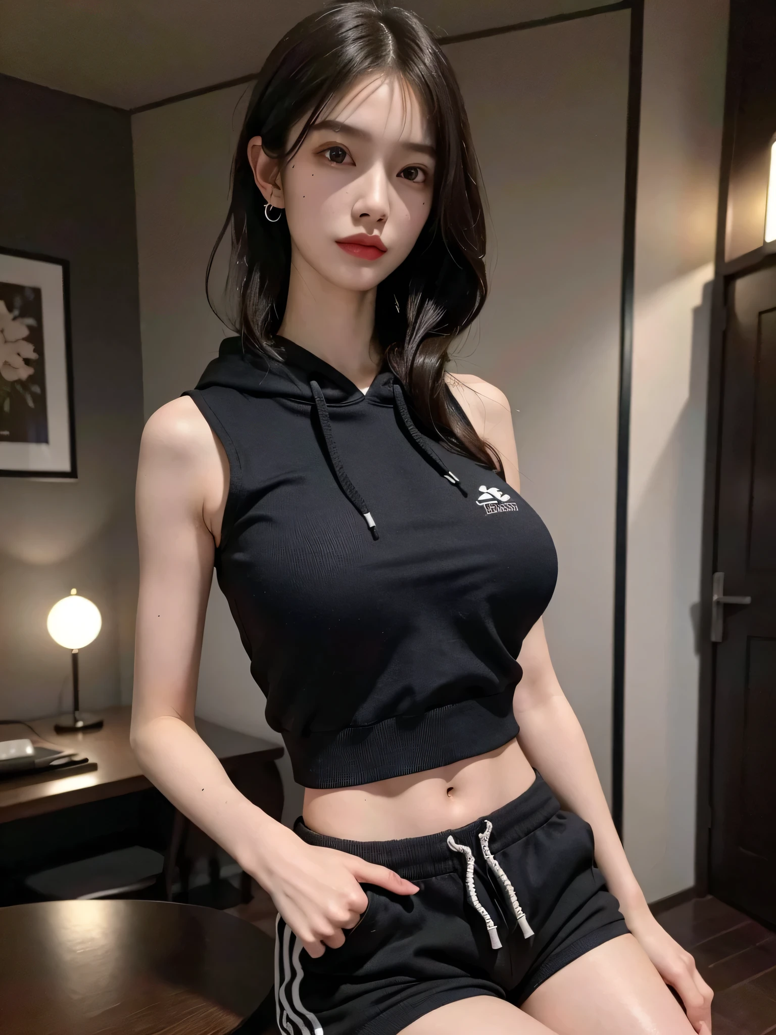 (8k, RAW photo, best quality, masterpiece: 1.2), (realistic, realistic: 1.37), ultra-high resolution, photon mapping, teleportation, physically based rendering, 1 girl, (brunet: 1.3), detailed face, detailed eyes, huge breasts, shiny skin, (pureerosface_ v1:1.0), standing, looking at the audience, (light smile cute: 1.2), (happy), healing cute, (fitness room: 1.2), (evening: 1.2), (dark theme: 1.5),yoga suit,yoga pants,Sweat on the body,