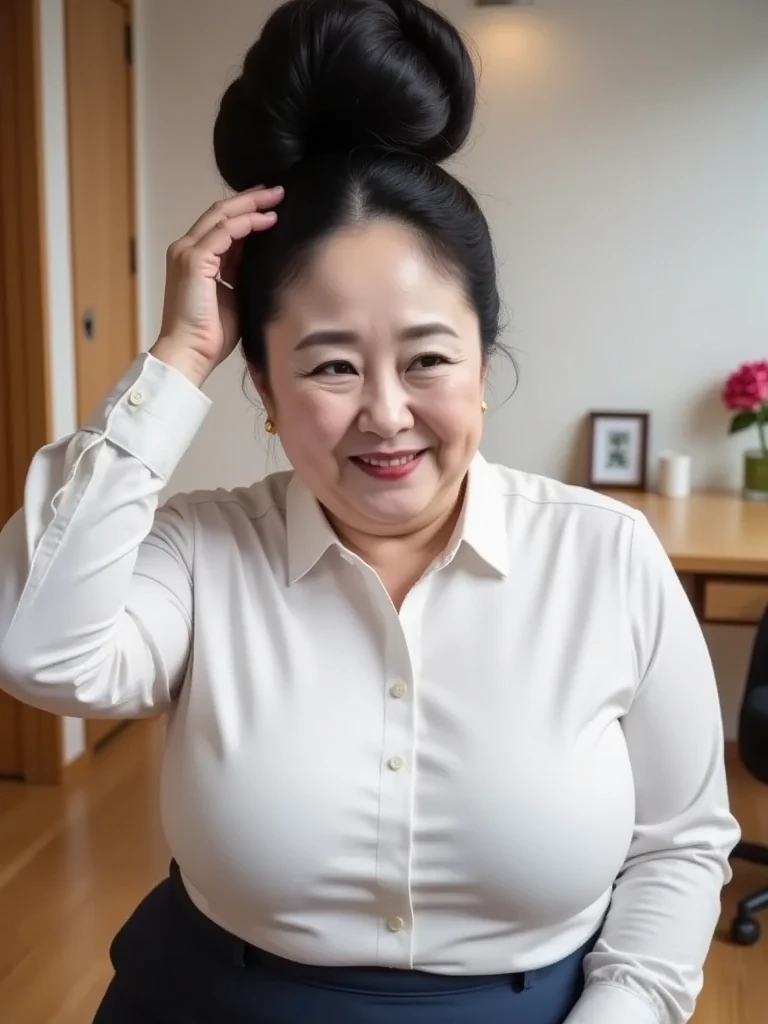 8k,Highest quality, masterpiece, Ultra-high resolution,(masterpiece:1.6, Highest quality), Intricate details, 1 female, Middle-aged woman in her 50s, japanese, upper body, Arm up, top of head,((jet Black Hair)) ,(An gigantic hair bun, A huge hair bun:1.５)), ((forehead:1.5)),  (( Extremely obese, Fat face, round face, Saggy face, crow's feet wrinkies:1.4)) ((super huge breasts, super gigantic breasts:1.5)), ((super Saggy breasts:1.5)), ((pale skin, shiny skin, red lips)), ((white collared shirt, Navy Blue Skirt,White pumps,mature woman is unraveling a huge hair bun, night office:1.5))