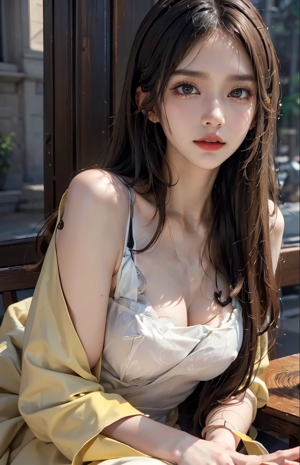 Deep V-neck, side chest, bare breast, Cleavage is visible, v-neck, upper chest exposed,