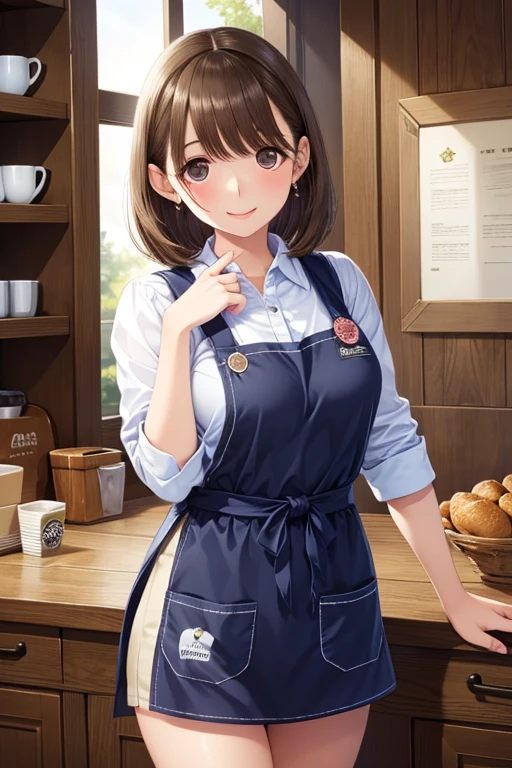  1 girl, Starbucks Apron,, masterpiece,  top quality ,  very detailed、my grandmother、 Shiny chestnut hair ,  short hair, ( Pretty Brown Eyes )、smile、 sparkling eyes , (Fine grain)、 super detailed eyes、 very detailedな顔,  very detailedな目, cowboy shot、