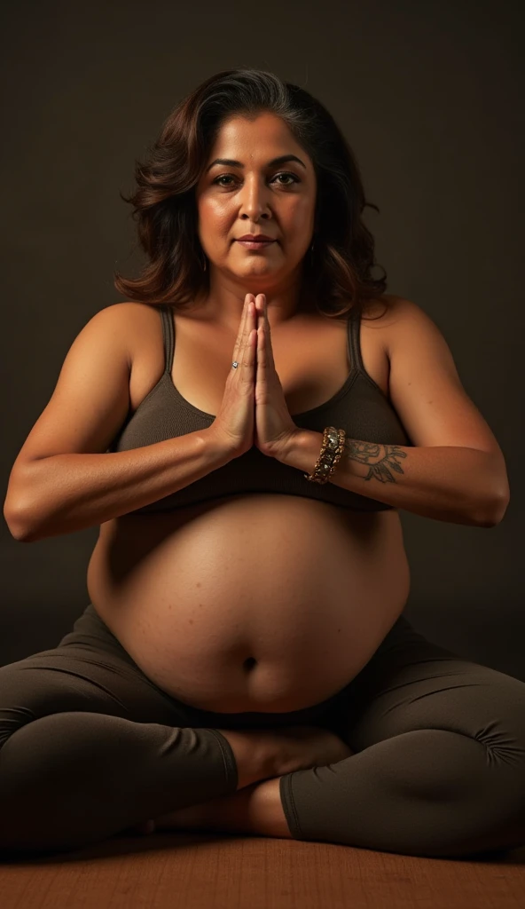 A photo of a mature Indian woman doing yoga, thick body, aged 60, brunette hair,(face portrait:1.5), full body shot, top quality editorial photograph, skin texture, skin pores, fair milky skin, high quality skin, top quality photography, professional photography, professional retouching, insane detailing, warm moody tones, highly detailed stubble armpits, skin pores, visible veins, skin texture, freckles 0.2,toned body, big boobs, deep navel, toned belly, tattoos in arm,detailed stubble armpits, insanely detailed skin texture,rough mature skin, visible pores, fine lines, deep navel, 