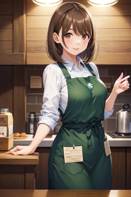  1 girl, Starbucks Apron,, masterpiece,  top quality ,  very detailed、my grandmother、 Shiny chestnut hair ,  short hair, ( Pretty Brown Eyes )、smile、 sparkling eyes , (Fine grain)、 super detailed eyes、 very detailedな顔,  very detailedな目, cowboy shot、