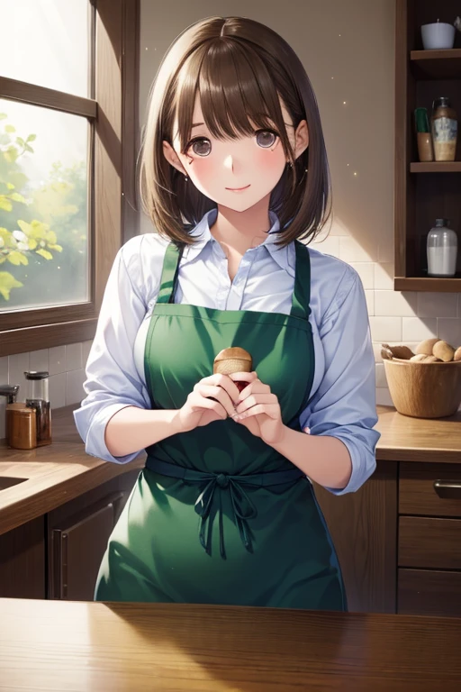  1 girl, Starbucks Apron,, masterpiece,  top quality ,  very detailed、my grandmother、 Shiny chestnut hair ,  short hair, ( Pretty Brown Eyes )、smile、 sparkling eyes , (Fine grain)、 super detailed eyes、 very detailedな顔,  very detailedな目, cowboy shot、