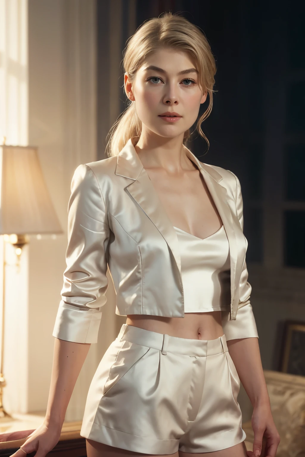 rosamund pike wearing a ivory satin jacket and shorts in a elegant looks, d size, elegant pose, in a pink background, rim light, warm lights, smoke, long glazing hair, spotlight illumination, rich shadows, sparkling bokeh, exquisite details, high-resolution, 35mm film, timeless elegance