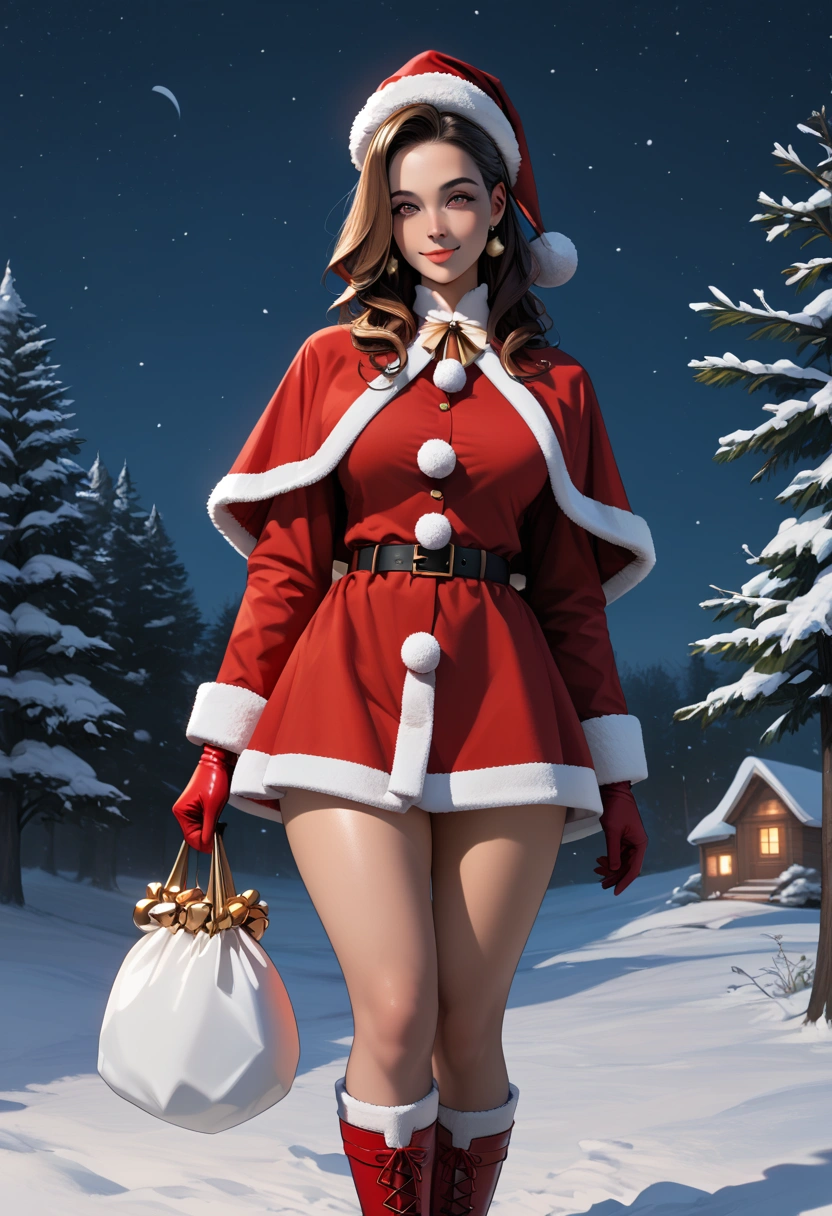 score_9, score_8_up, score_7_up, source_anime, ((Most beautiful woman, Huge stunning goddess shot, Very hot and sexy, Strong and beautiful, Jaw dropping beauty, Hourglass figure, Feminine perfect body, Curvy)), ((Santa Claus Cosplay, Wearing: Red coat trimmed with white fur, high neck, Long sleeves, Red miniskirt with white trim, Santa Claus hat, Black thick belt, Gold buckle, Gold accessories, Long red leather boots, Winter gloves, Thighs visible:1.2)), Dark brown hair, Detailed face and skin texture, Detailed eyes, Double eyelids, From knee to shoulder, Wearing Santa Claus outfit, wearing red coat, Standing in snowy field at night, Holding a big white bag filled with presents. Smiling and staring into camera,