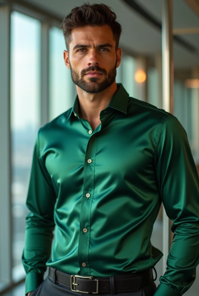 Beautiful Brazilian man with dark skin, clear green eyes, blue outfit