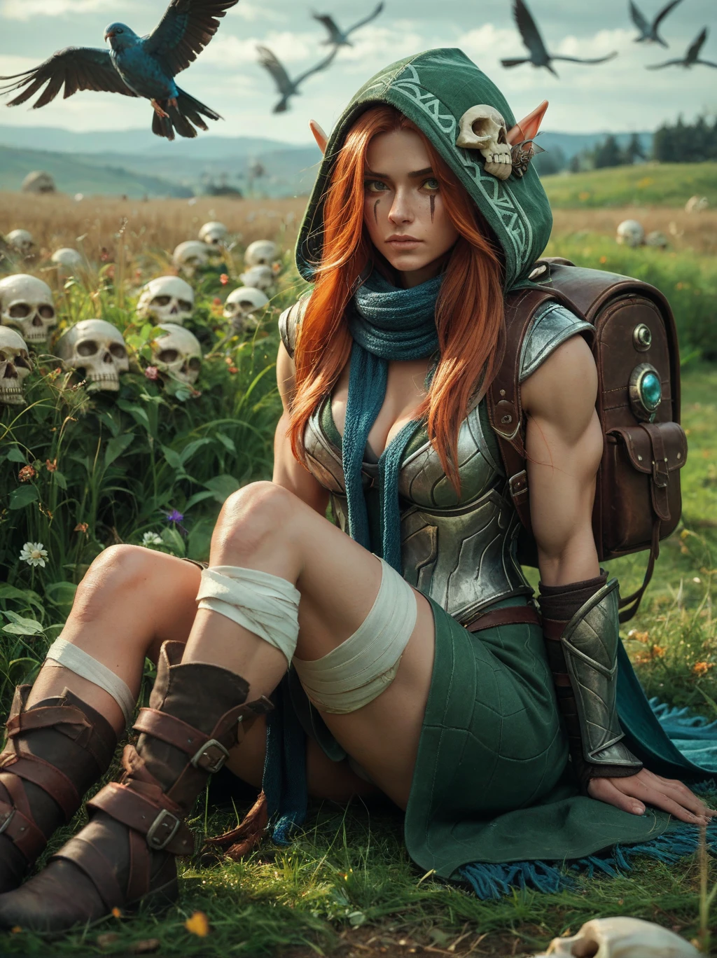 Grass, Sky, Field, League of Legends, 1girl, elf, druid, animal ears, bandage legs, long legs, bandage, bandage, bird legs, bird skull, cape, shut up, ears by headdress, eyes visible through hair, face drawings, feathers, hood, hooded cape, long hair, brown green eyes, Ginger, red hair, colorite hair, armor, blue scarf, scarf, scarf, scarf long hair, hooded scarf, green clothes, green skirt,  long skirt, leather armor, nose ring, nostrils, backpack, muscular, cleavage, alluring , sexual 