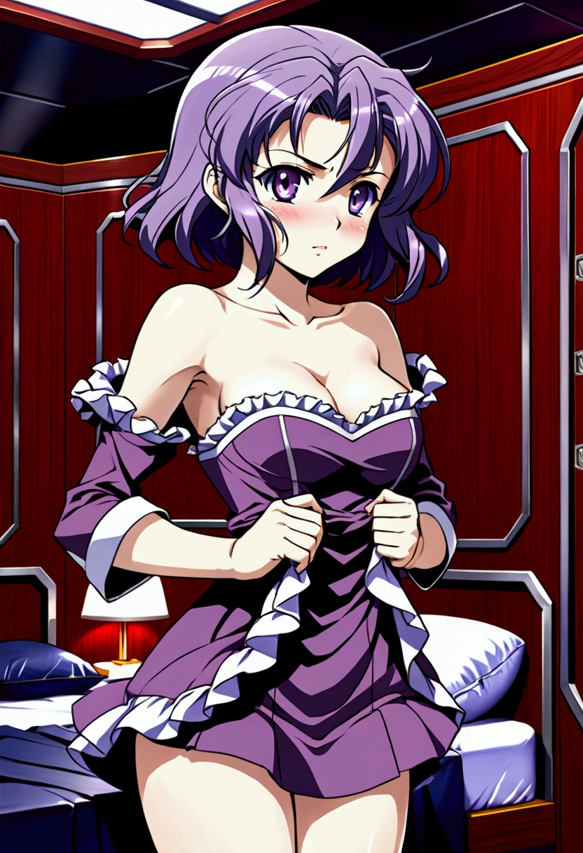 Latooni suvota from Super Robot Wars OG. Nerd, timid, closed mouth, (panic). Short shoulder length Purple hair, pale skin. Hands opening frilly dress, (dynamic movements) . Sci-fi high tech Ship's private cabin bed, ((blushing)) ((undressing)) 