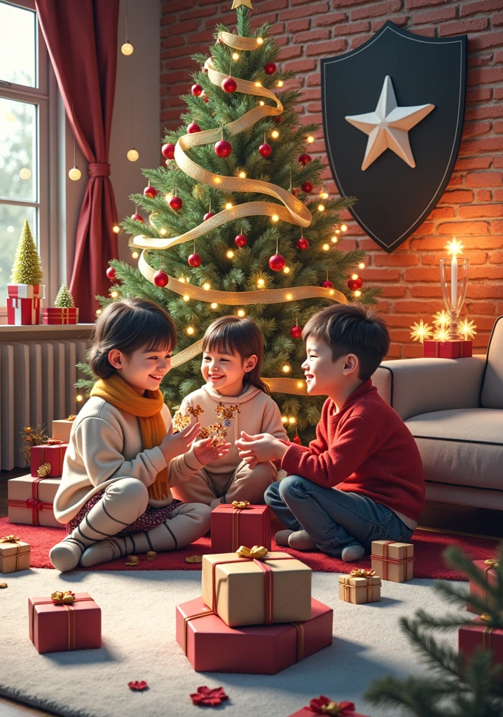 A vivid high-quality photo depicting children playing on a New Year's holiday