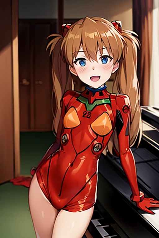 (( top quality )), ((masterpiece)), (be familiar with),  perfect face, indoor, bedroom,  is watching viewers,
One woman,  Soryu Asuka Langley,
 open mouth,  ecstatic expression beside the piano, blush, smile,
 small tits,  flat chested, Young girl, Lori,  s,  girl,
 long hair,  Twin Tails ,
Leg spread,