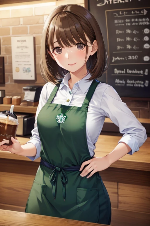  1 girl, ((Starbucks Apron,Inside the coffee shop)), masterpiece,  top quality ,  very detailed、my grandmother、 Shiny chestnut hair ,  short hair, ( Pretty Brown Eyes )、smile、 sparkling eyes , (Fine grain)、 super detailed eyes、 very detailedな顔,  very detailedな目, cowboy shot、nsfw