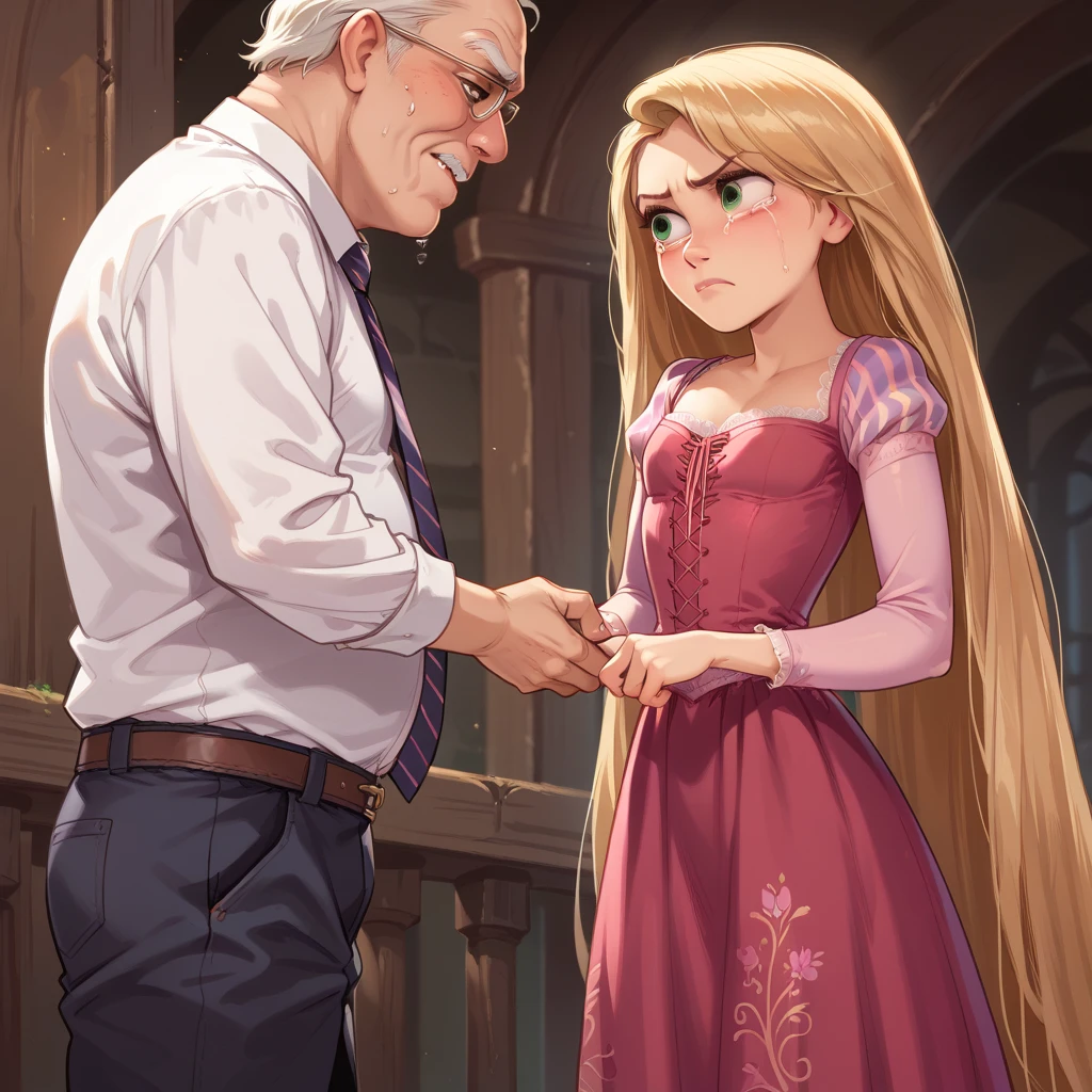 1 girl, rapunzel, skinny, beautiful, ojos azules, (( Red dress)), annoyed, crying, The old man grabs her ass under her skirt, desnuda, desnuda 