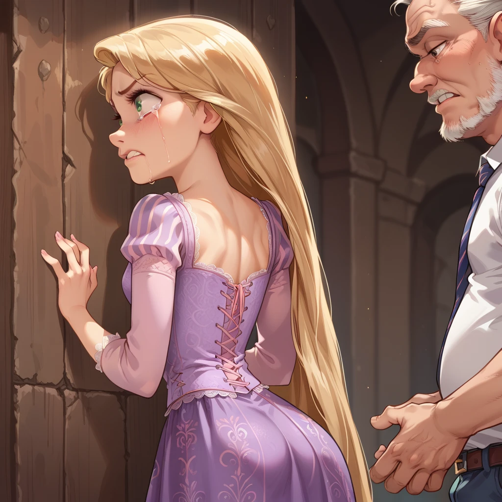 1 girl, rapunzel, skinny, beautiful, ojos azules, ((desnuda)), annoyed, crying, The old man grabs her ass under her skirt, Grabbing her big ass 