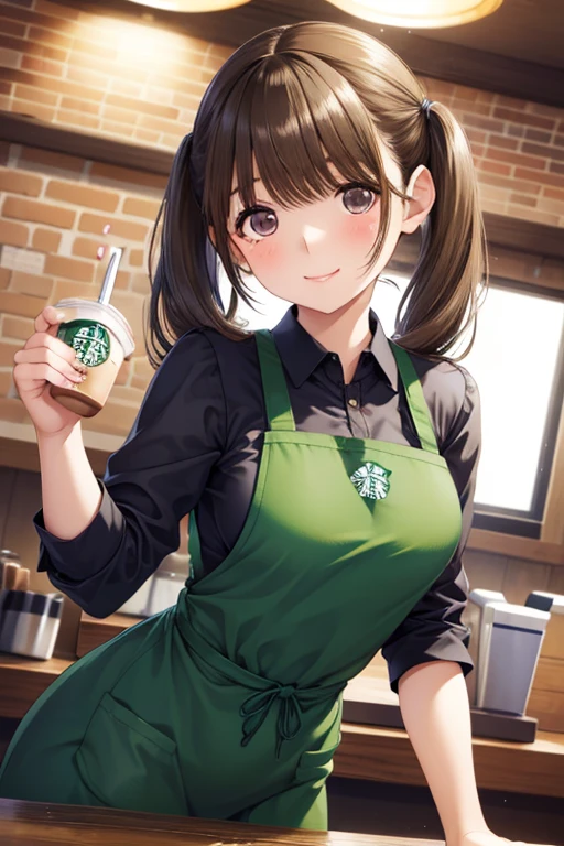  1 girl, ((Starbucks Apron,Inside the coffee shop)), masterpiece,  top quality ,  very detailed、my grandmother、 Shiny chestnut hair ,  Twin Tails 、 long hair, ( Pretty Brown Eyes )、smile、 sparkling eyes , (Fine grain)、 super detailed eyes、 very detailedな顔,  very detailedな目, cowboy shot、nsfw