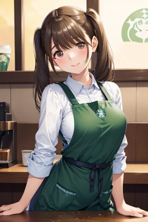  1 girl, ((Starbucks Apron,Inside the coffee shop)), masterpiece,  top quality ,  very detailed、my grandmother、 Shiny chestnut hair ,  Twin Tails 、 long hair, ( Pretty Brown Eyes )、smile、 sparkling eyes , (Fine grain)、 super detailed eyes、 very detailedな顔,  very detailedな目, cowboy shot、nsfw