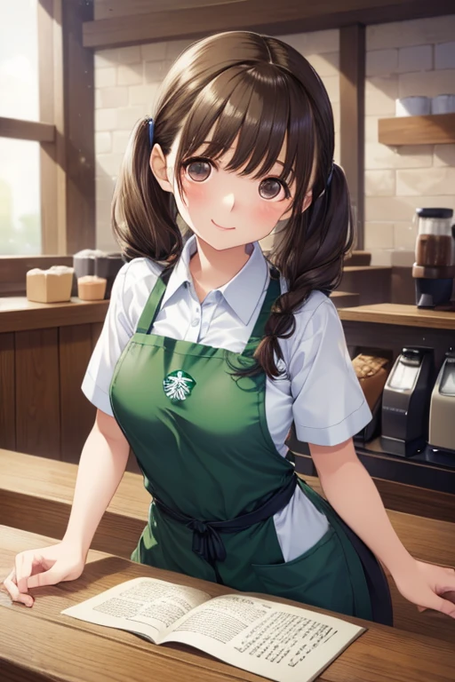  1 girl, ((Starbucks Apron,Inside the coffee shop)), masterpiece,  top quality ,  very detailed、my grandmother、 Shiny chestnut hair ,  Twin Tails 、 long hair, ( Pretty Brown Eyes )、smile、 sparkling eyes , (Fine grain)、 super detailed eyes、 very detailedな顔,  very detailedな目, cowboy shot、nsfw