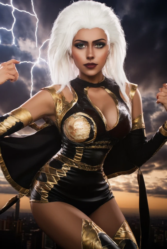 A striking, powerful depiction of Storm (Ororo Munroe) from the X-Men, reimagined as a fierce black woman with long, white hair flowing in the wind, her eyes glowing with the power of a thunderstorm. Her outfit is a sleek, modernized leather lingerie version of her classic black and gold costume, with flowing, dynamic elements that mirror the storm she controls. Her skin glows with a radiant energy as she stands poised against a stormy sky, with lightning flashing behind her and swirling winds lifting her cape. The atmosphere around her crackles with the raw energy of the weather she commands.