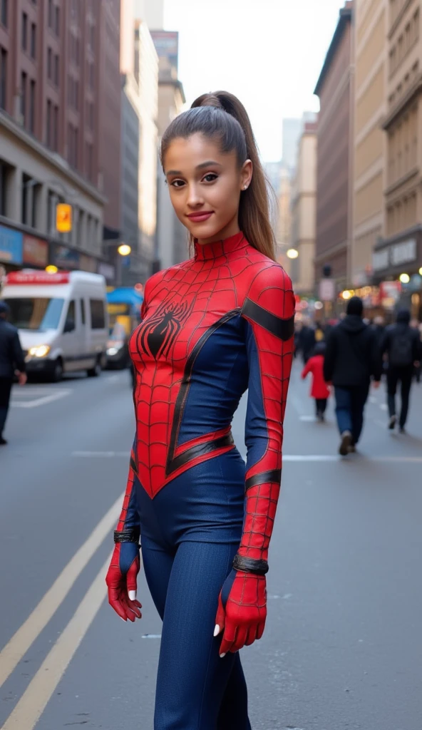 photo of a woman, smiling, high ponytail,light makeup, spider man suit, frontview at a street, solo shot, looking at camera