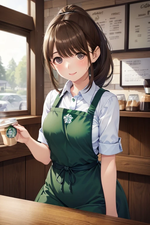  1 girl, ((Starbucks Apron,Inside the coffee shop)), masterpiece,  top quality ,  very detailed、my grandmother、 Shiny chestnut hair ,  ponytail、 long hair, ( Pretty Brown Eyes )、smile、 sparkling eyes , (Fine grain)、 super detailed eyes、 very detailedな顔,  very detailedな目, cowboy shot、nsfw