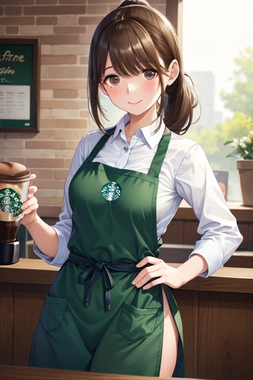  1 girl, ((Starbucks Apron,Inside the coffee shop)), masterpiece,  top quality ,  very detailed、my grandmother、 Shiny chestnut hair ,  ponytail、 long hair, ( Pretty Brown Eyes )、smile、 sparkling eyes , (Fine grain)、 super detailed eyes、 very detailedな顔,  very detailedな目, cowboy shot、nsfw