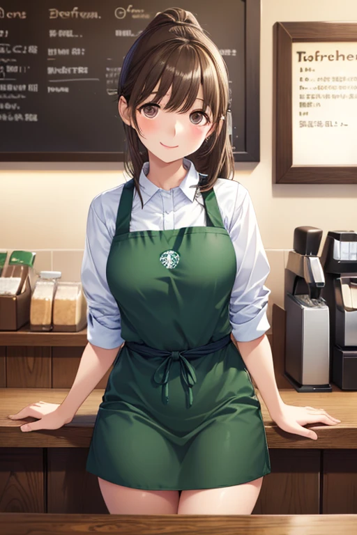  1 girl, ((Starbucks Apron,Inside the coffee shop)), masterpiece,  top quality ,  very detailed、my grandmother、 Shiny chestnut hair ,  ponytail、 long hair, ( Pretty Brown Eyes )、smile、 sparkling eyes , (Fine grain)、 super detailed eyes、 very detailedな顔,  very detailedな目, cowboy shot、nsfw