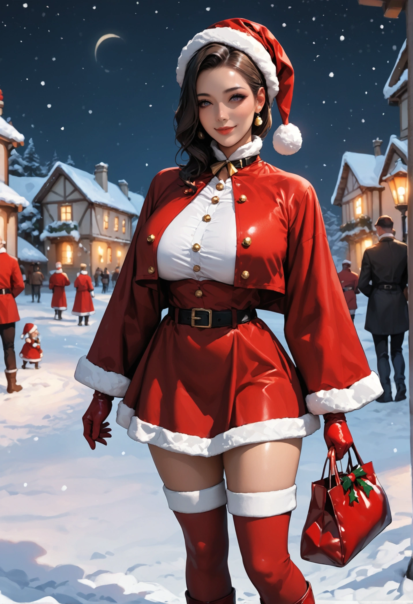 score_9, score_8_up, score_7_up, source_anime, ((Most beautiful young woman, Huge stunning goddess shot, Very hot and sexy, Strong and beautiful, Jaw dropping beauty, Hourglass figure, Feminine perfect body, Curvy)), ((Santa Claus Cosplay, Wearing: Red coat trimmed with white fur, high neck, Long sleeves, Red miniskirt with white trim, Santa Claus hat, Black thick belt, Gold buckle, Gold accessories, Long red leather boots, Winter gloves, Thighs visible:1.2)), Dark brown hair, Detailed face and skin texture, Detailed eyes, Double eyelids, From knee to shoulder, Wearing Santa Claus outfit, wearing red coat, Standing in snowy field at night, Holding a big white bag filled with presents. Smiling and staring into camera,