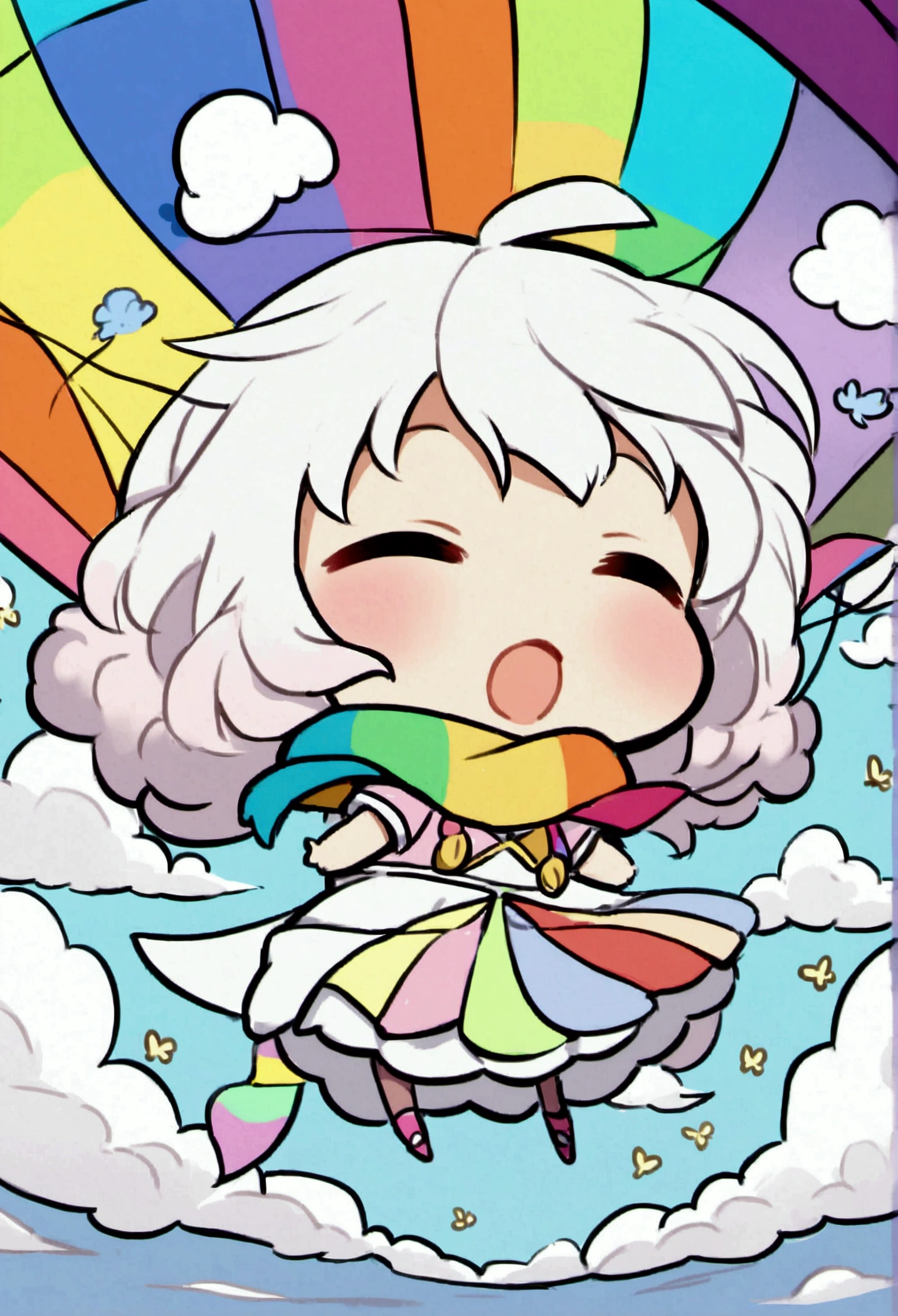 A chibi anime girl cheerfully floating down using a giant, colorful parachute with rainbow patterns. Her expression is comically confident as she strikes a victorious pose mid-air, even though the parachute strings are tangled around her . Her oversized hat and scarf flap in the wind, while small, fluffy clouds and birds surround her, adding a lighthearted and cartoonish charm to the scene