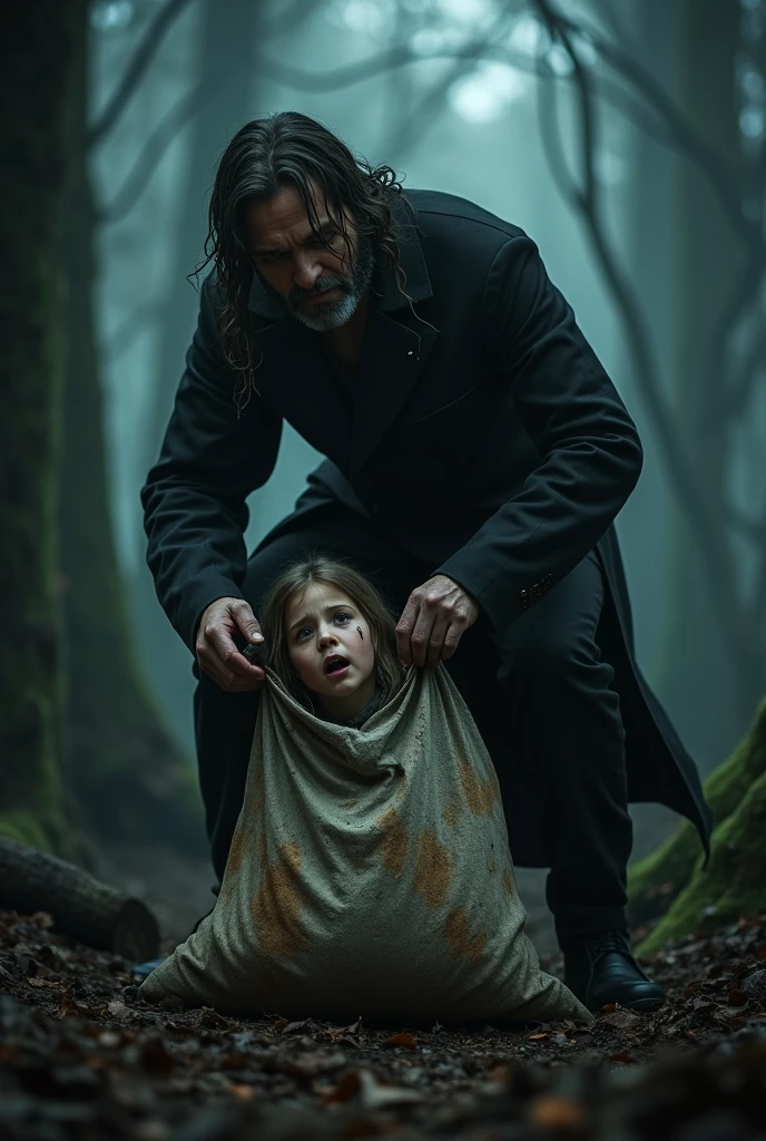 At night in a forest with undergrowth, Garbage and waste a man running into the darkness with a baby in his arms 