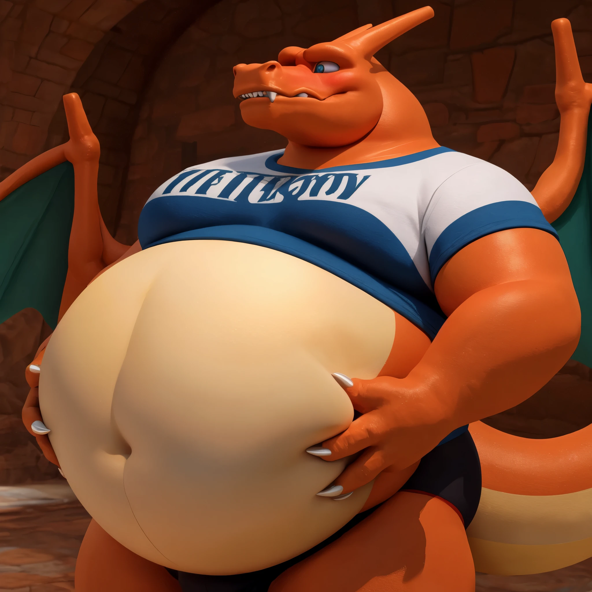 Fat Charizard big belly and large body and his big chunky body and hes butt is big and his butthole is Bigger and hes on the toilet 