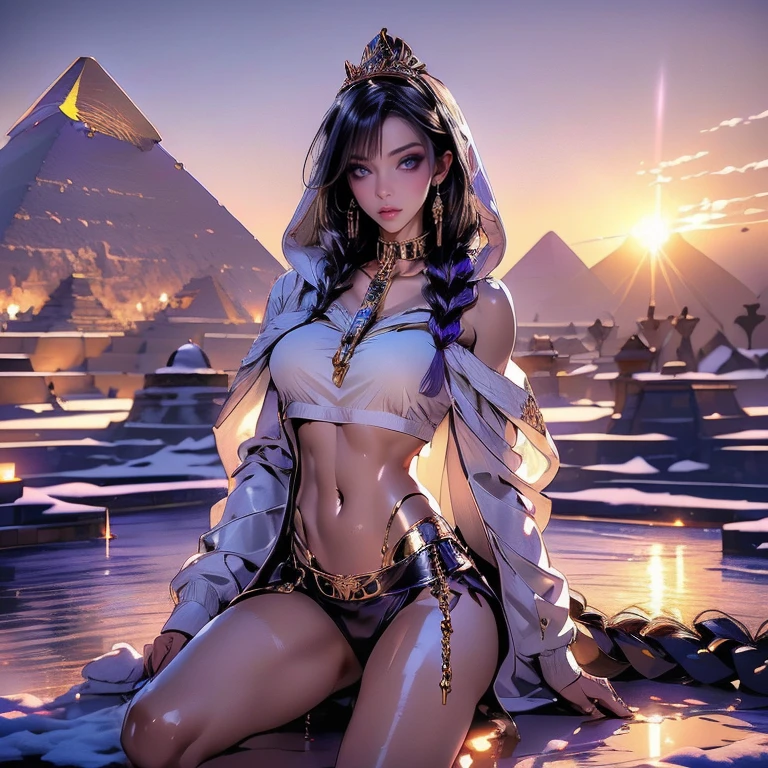 1girl, solo, korean popstar, (eyeshadow, eyelashes, eyeliner, glossy lips, full lips), 1girl, hood, (ishizu ishtar, brown skin, purple eyes), (background, night, starry sky, moonlight, desert, pyramid \(structure\)), (serious, light frown, shining eyes), naked, jewelry, long hair, breasts, dark skin, hood, necklace, perky breasts, dark-skinned female, egyptian, eye of horus, full body, standing, spread legs, seductive pose