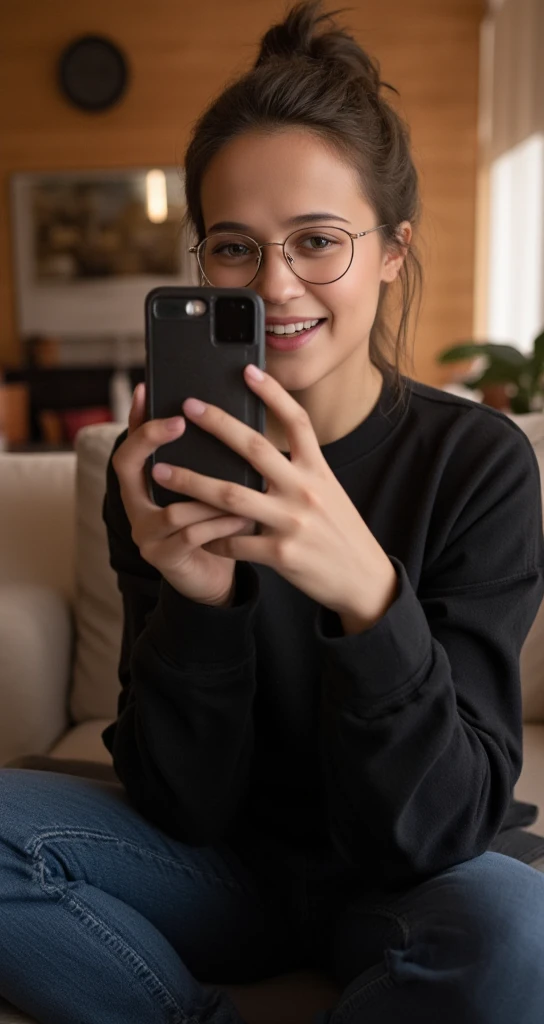 photo d&#39; faisant un selfie Alicia Vikander, début des années 2020, portant des lunettes de vue, aux cheveux bruns, assise sur un canapé dans un salon, portant un jean et un sweatshirt noire, visage joyeux, légèrement souriant, (chef-d'œuvre, meilleure qualité, haute qualité), hyperdétaillé, haute résolution, détails complexes, HDR, 8K, mise au point nette, fond détaillé, mains, yeux vèrts réalistes, texture de peau détaillée, (rougir:0.5), (chair de poule:0.5), diffusion sous-surface