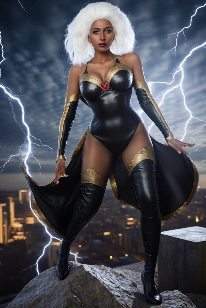 A striking, powerful depiction of Storm (Ororo Munroe) from the X-Men, reimagined as a fierce black woman with long, white hair flowing in the wind, her eyes glowing with the power of a thunderstorm. Her outfit is a sleek, modernized leather lingerie version of her classic black and gold costume, with flowing, dynamic elements that mirror the storm she controls. Her skin glows with a radiant energy as she stands poised against a stormy sky, with lightning flashing behind her and swirling winds lifting her cape. The atmosphere around her crackles with the raw energy of the weather she commands.