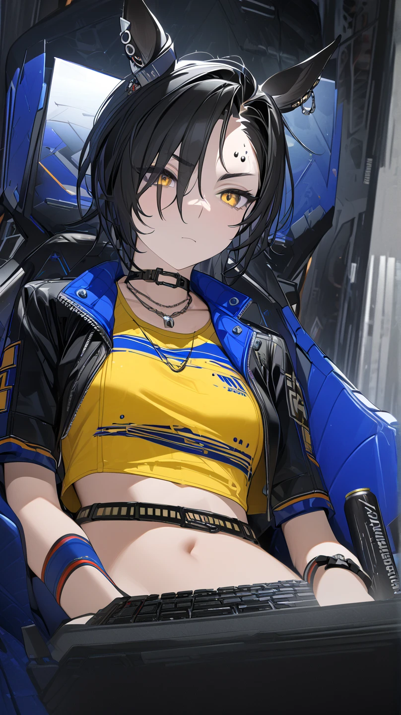  top quality , masterpiece,  high definition ,  Ultra Fine,, accurate, masterpiece, 
 sitting,  Gaming Chair, Gaming Chairに sitting,serverルーム, server,  keyboard \( computer \),  Monster Energy, cool woman ,
 yellow shirt,  yellow tank top,  side cutouts ,  black choker,  necklace, Short sleeve, Shoulder cutting,  crop top, Blue Collar,  cropped jacket,  black jacket,  open jacket, zipper,  wristbands,  upper body red , belt,
Horse ears, silver piercing above left eyebrow, closeup ,Hands in pockets, 1 girl, solo,  flat chested, with a little bit of sadness, golden eyes, 