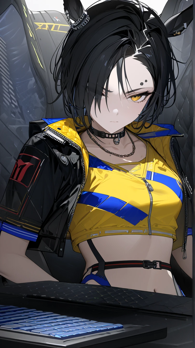  top quality , masterpiece,  high definition ,  Ultra Fine,, accurate, masterpiece, 
 sitting,  Gaming Chair, Gaming Chairに sitting,serverルーム, server,  keyboard \( computer \),  Monster Energy, cool woman ,
 yellow shirt,  yellow tank top,  side cutouts ,  black choker,  necklace, Short sleeve, Shoulder cutting,  crop top, Blue Collar,  cropped jacket,  black jacket,  open jacket, zipper,  wristbands,  upper body red , belt,
Horse ears, silver piercing above left eyebrow, closeup ,Hands in pockets, 1 girl, solo,  flat chested, with a little bit of sadness, golden eyes, 