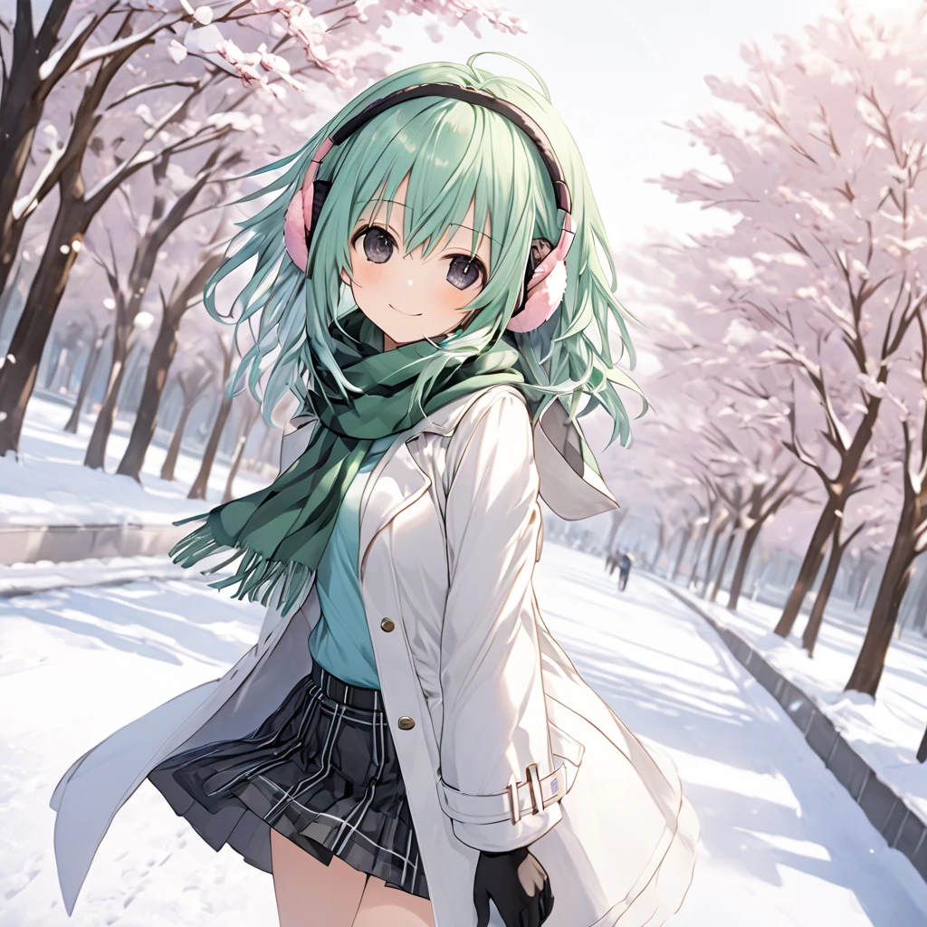 ( 1 girl), Green \(Neptunia )\, back hair, black eyes,(smile:1.5)、blush、(low ponytail:1.5), (long sidelocks:1.5), ,( small tits:1.5),( white overcoat :1.5)、( black plaid mini skirt:1.5),(white thigh high :1.5), scarf、 boots、Earmuffs、gloves、snow,Park Walkway、front、 cowboy shot、 dynamic angle 、( perfect anatomy ),( best quality), ( ultra hi-res), (超 high definition ), ( Highly Detailed CG), (32K), (masterpiece)、eyesHD