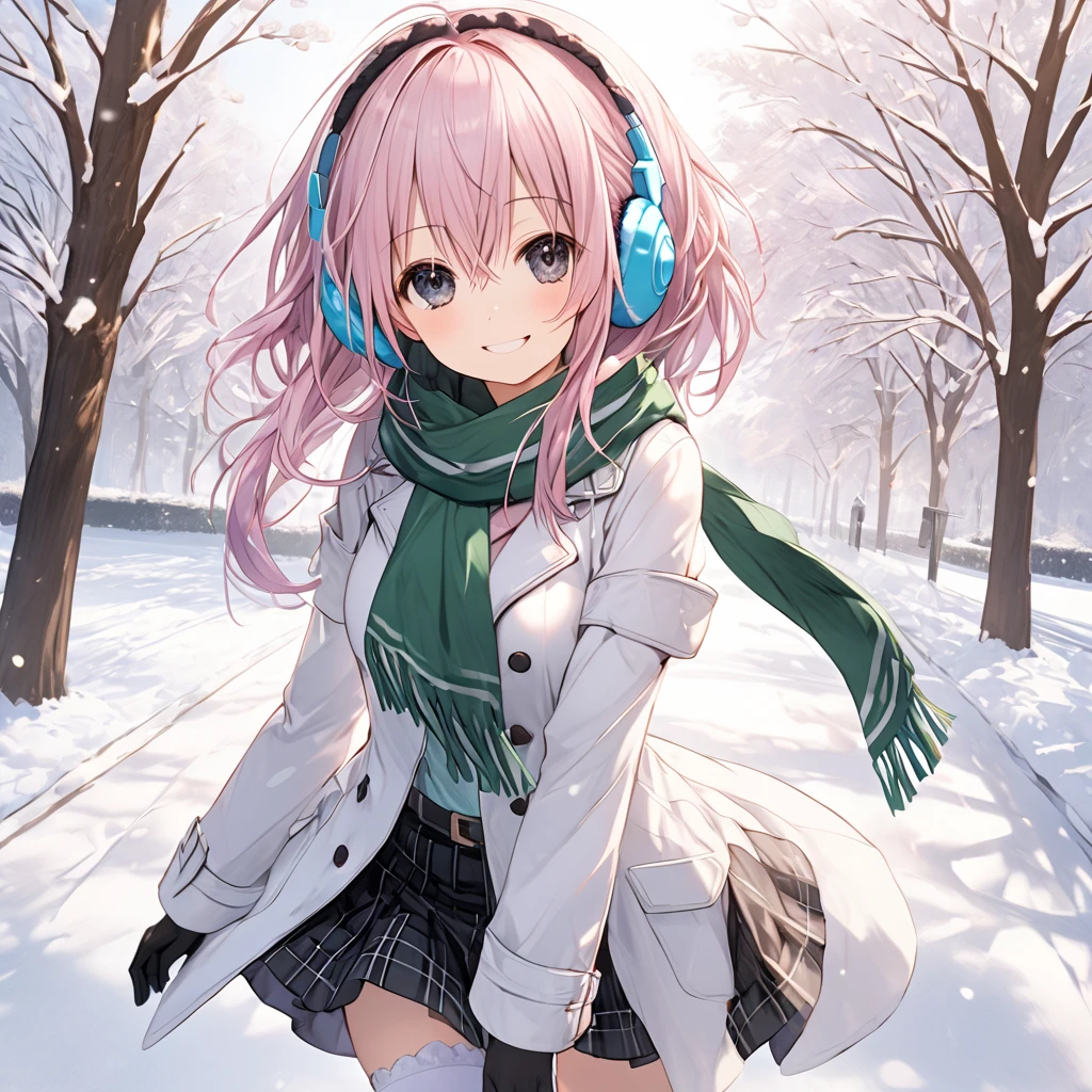 ( 1 girl), Green \(Neptunia )\, back hair, black eyes,(smile:1.5)、blush、(low ponytail:1.5), (long sidelocks:1.5), ,( small tits:1.5),( white overcoat :1.5)、( black plaid mini skirt:1.5),(white thigh high :1.5), scarf、 boots、Earmuffs、gloves、snow,Park Walkway、front、 cowboy shot、 dynamic angle 、( perfect anatomy ),( best quality), ( ultra hi-res), (超 high definition ), ( Highly Detailed CG), (32K), (masterpiece)、eyesHD