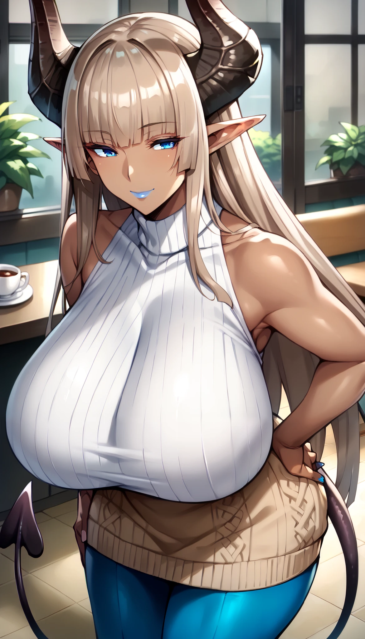 score_9, score_8_up, score_7_up, uncensored, 1girl, milf, solo, monster girl, (succubus, dark skin, black skin), koukawa_asuka, (huge breasts:1.5), (((light brown hair), long hair, bangs, long sidelocks, blue eyes, half-closed eyes, pointy ears, low horns, tail)), blue lips, ((sweater dress, sleeveless, blue pantyhose)), ((light smile), closed mouth), ((hand on own hip, cafe))