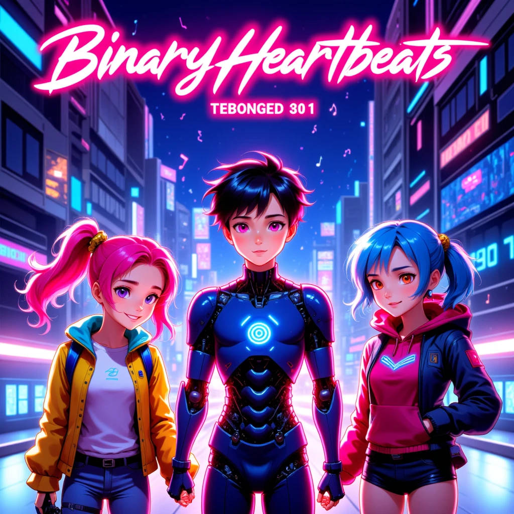 A shonen anime-style thumbnail featuring the title "Binary Heartbeats" in neon, cybernetic letters. The background is a futuristic cityscape with tall skyscrapers and neon lights. In the foreground, a group of three friends, consisting of one boy and two girls, stand together, holding hands. The boy in the middle has glowing, circuit-like patterns on his skin, indicating his AI nature. They all wear colorful, high-tech outfits, and their eyes sparkle with determination and excitement. The two girls have unique hairstyles and outfits, with one sporting a neon pink ponytail and the other having short, spiky hair with blue highlights. Surrounding them are music notes and binary code, 0s and 1s, representing the song's electropop themes. The overall color palette is vibrant and electric, capturing the essence of love in a digital world.