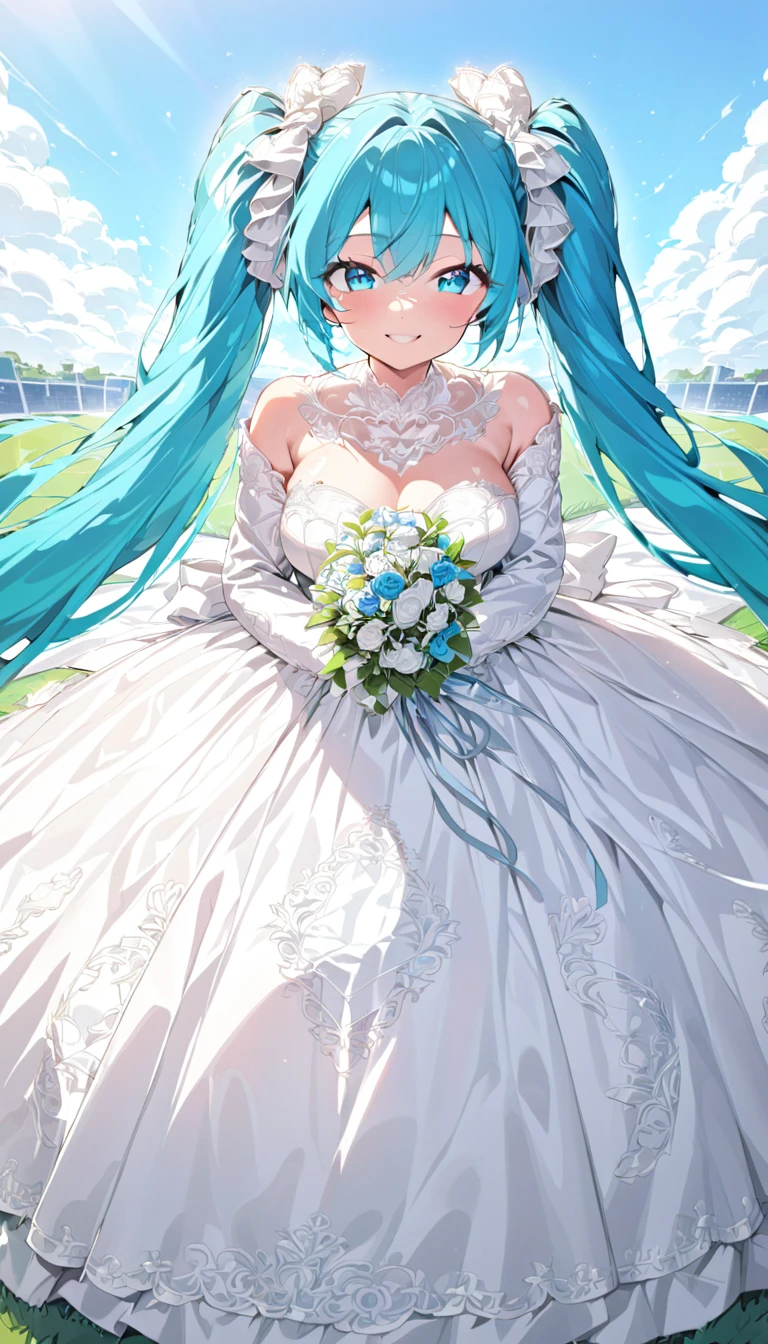 girl masterpiece, best quality high resolution, twintails, blue hair, blue eyes, very long hair, middle breast, detailed face, beautiful shape,  hatsune miku, wearing white wedding dress, white heel, holding flower bouquet, running, smiling, giving hand to the viewer, blue sky, turf,