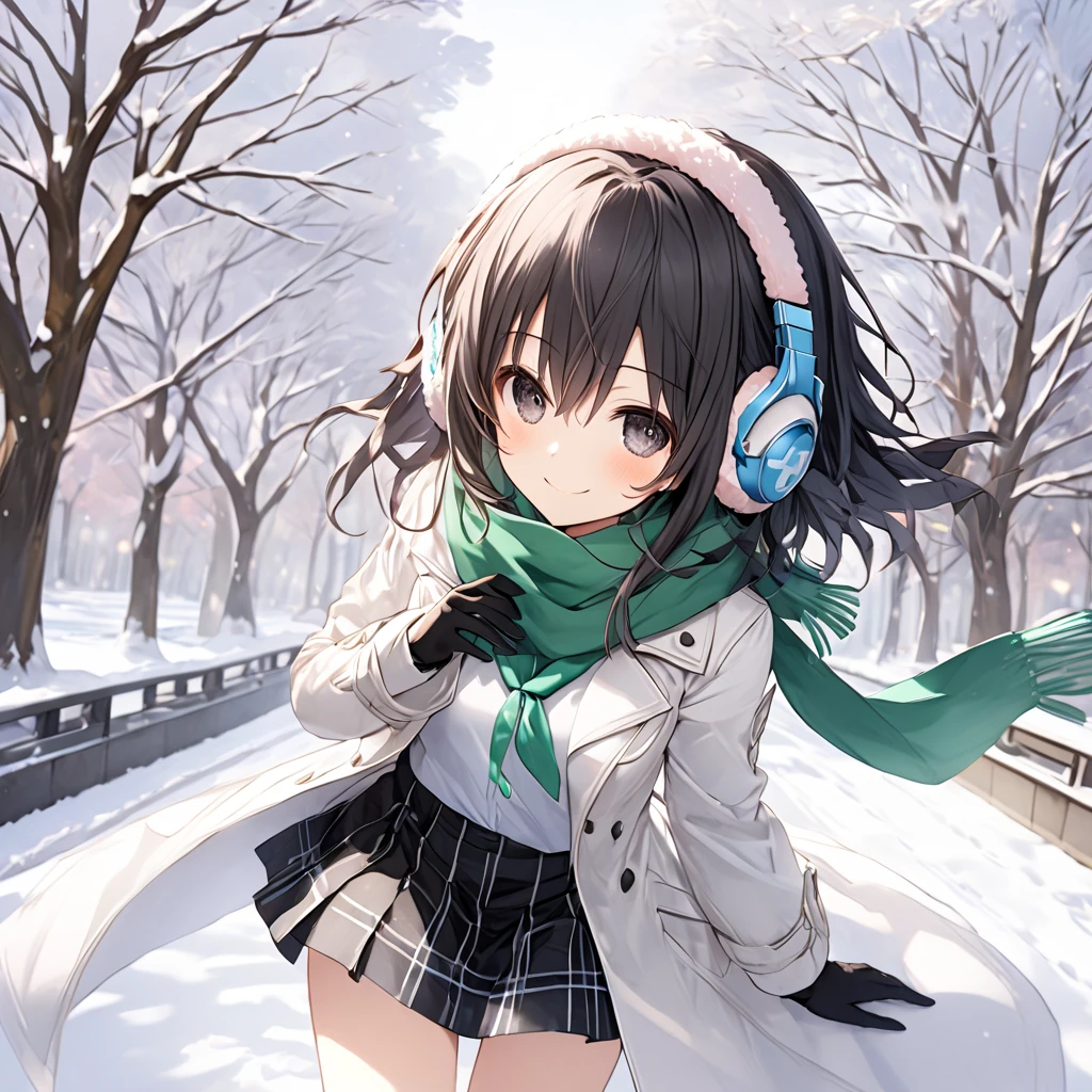 ( 1 girl), Green \(Neptunia )\, black hair, black eyes,(smile:1.5)、blush、(low ponytail:1.5), (long sidelocks:1.5), ,( small tits:1.5),( white overcoat :1.5)、( black plaid mini skirt:1.5),(white thigh high :1.5), scarf、 boots、Earmuffs、gloves、snow,Park Walkway、front、 cowboy shot、 dynamic angle 、( perfect anatomy ),( best quality), ( ultra hi-res), (超 high definition ), ( Highly Detailed CG), (32K), (masterpiece)、eyesHD