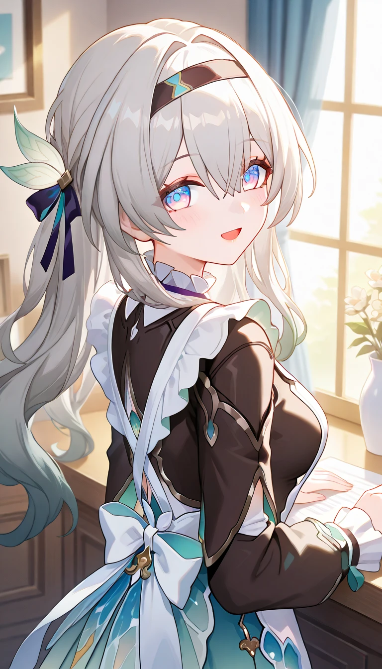 1girl, firefly,honkai star rail,solo, long hair, breasts, looking at viewer, blush, smile, open mouth, blue eyes, long sleeves, hair ornament, hair between eyes, white hair, grey hair, hair ribbon, ponytail, sidelocks, hair bow, indoors, looking back, black shirt, blue skirt, window, gradient hair, hair intakes, black hairband, curtains, white apron