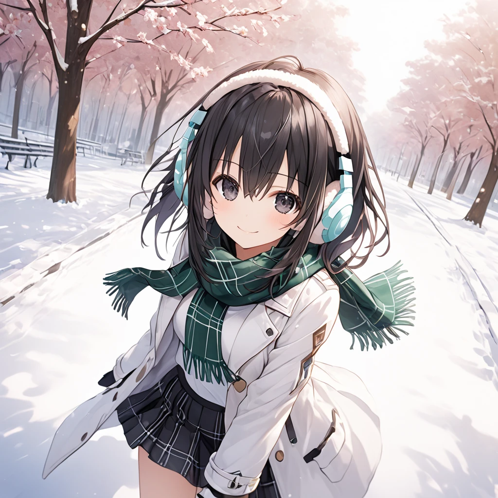 ( 1 girl), Green \(Neptunia )\, black hair, black eyes,(smile:1.5)、blush、(low ponytail:1.5), (long sidelocks:1.5), ,( small tits:1.5),( white overcoat :1.5)、( black plaid mini skirt:1.5),(white thigh high :1.5),Checkered scarf、 boots、Earmuffs、gloves、snow,Park Walkway、front、 cowboy shot、 dynamic angle 、( perfect anatomy ),( best quality), ( ultra hi-res), (超 high definition ), ( Highly Detailed CG), (32K), (masterpiece)、eyesHD