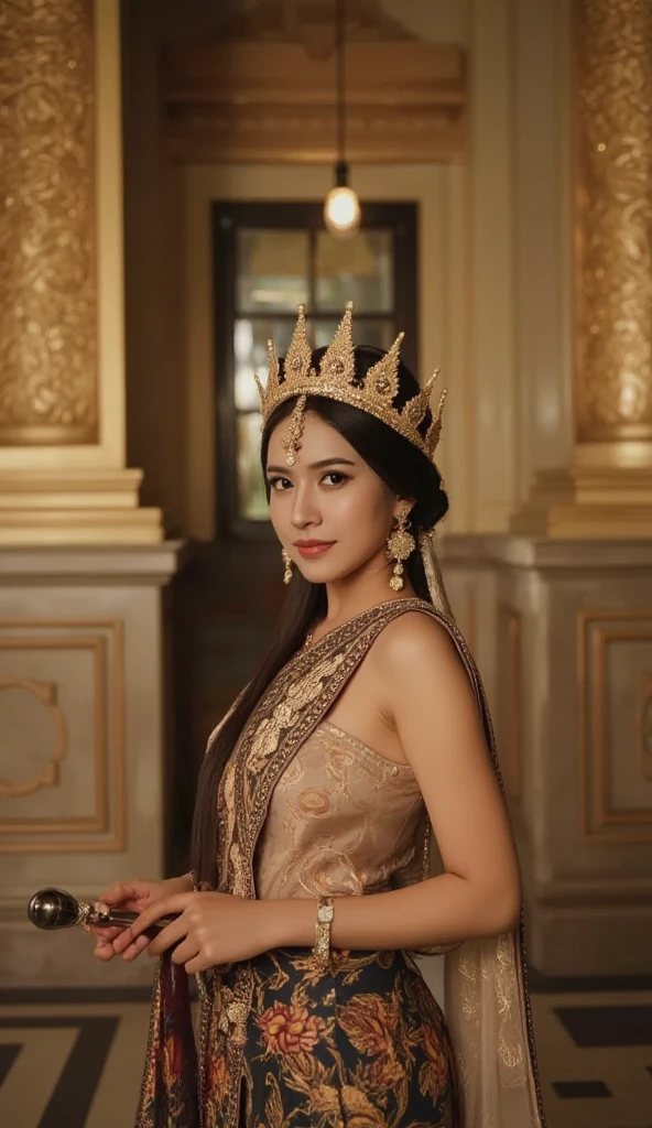 "A beautiful Indonesian woman depicted as the Queen of Java, standing tall with regal poise. She wears a traditional golden crown with delicate floral and cultural patterns that reflect Javanese heritage. Her outfit includes a luxurious batik sarong paired with a sheer kebaya top, accentuated with intricate gold-thread embroidery. Her posture is graceful, one hand resting lightly on her hip, the other holding a symbolic royal scepter. Her long black hair is styled into an elegant low bun adorned with golden accessories. The scene is set in a grand hall, with glimpses of ornate Javanese architecture, large columns, and subtle golden lighting that enhances her commanding presence."

