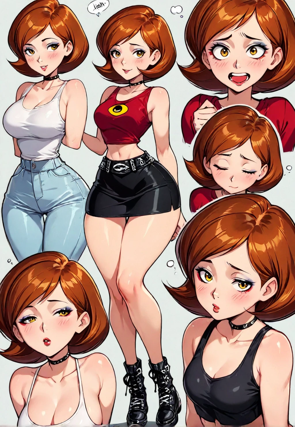 Helen parr, short Hair, yellow eyes, long ginger brown spiky hair, Bangs, ,narrow waist, squishy thighs, beautiful body, loving facial expressions , sleepy, slim body, thigh gap, big hips and thigh area, very tiny waist area, shaped hips , short black skirt, very cute face, eyeliner,, tank top, crop top, chubby body, arching her butt up, curvy body, punk rock outfit