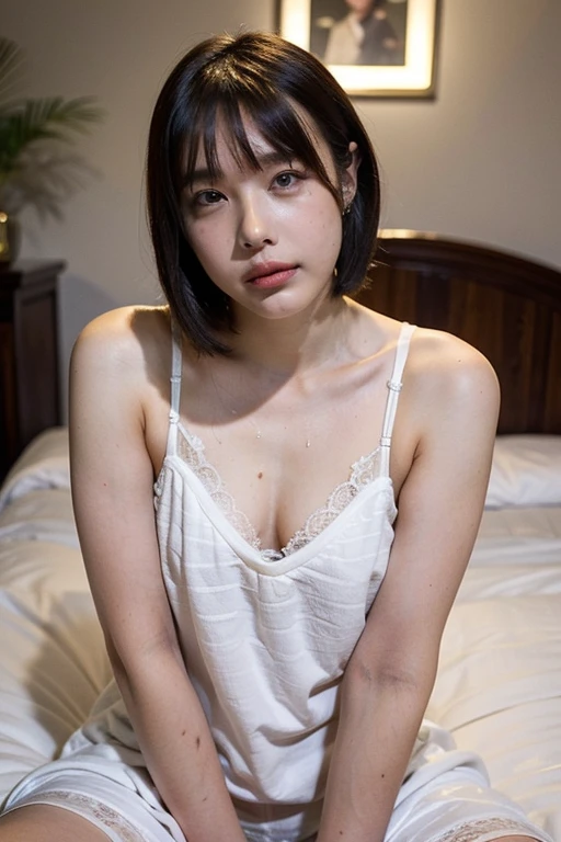  high definition ,  photorealistic,  Original photo, 8k wallpaper, flawless,  professional writing,  very detailed,  is written by,  beautiful Japanese wife , ( 1 girl, Alone, Age 30), ((Age 30のセクシーな女性)), (Short Curly Hair), ( at a luxury fashion motel , Deluxe bedroom ), ((loose camisole dress ,  white luxury lingerie ,  lace panties,  lace pantyhose )), (( looks viewers in the eye)),  detailed face ,  beautiful eyes, ( sitting in good posture ,  expand your legs), Bans,   well-shaped small breasts ,  light brown straight hair in the streets of Jamaica, (Thick lips), ( hands between legs),  sweated,  wet skin,  realism , Bokeh,  see-through fabric , masterpiece, 超 high definition ,  Anatomically Accurate , textured skin,   high detail ,  High Quality ,  high definition ,